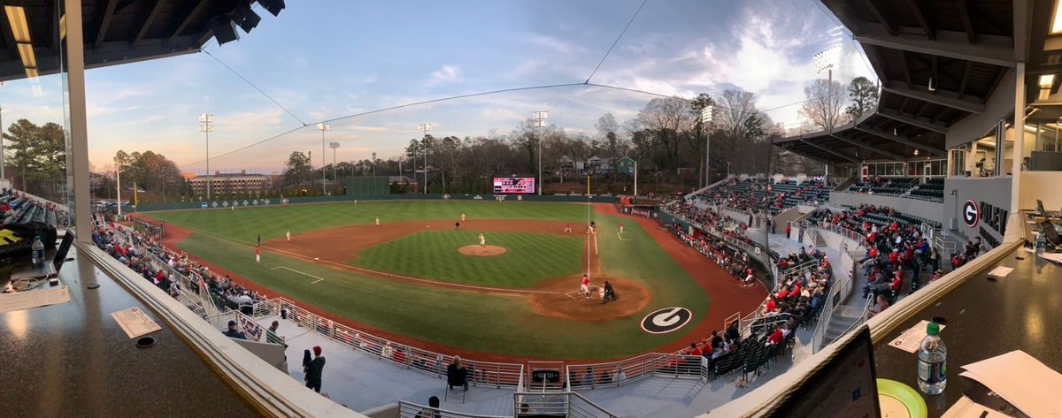 Wide view of Foley Field from the press box, with fans in the stands and a baseball game in progress.