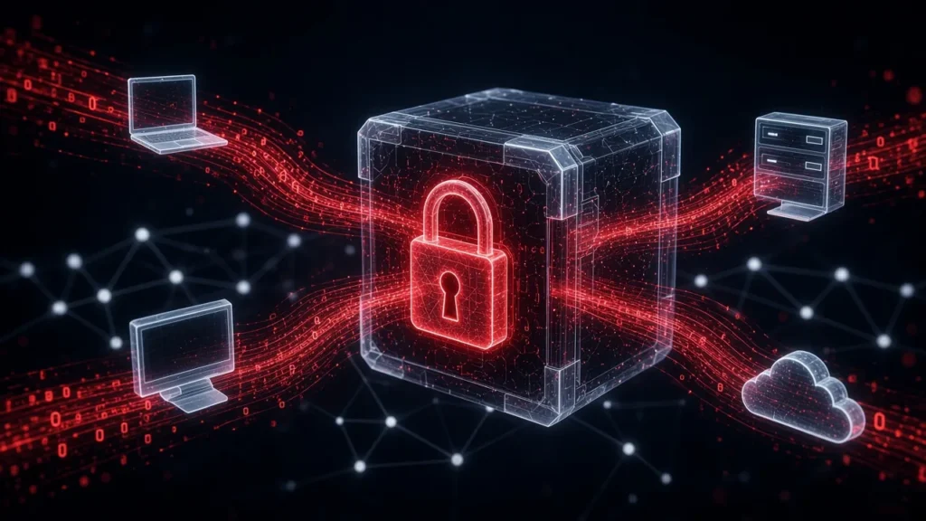 Encrypted backup data from computers, servers and cloud apps flowing into a locked vault