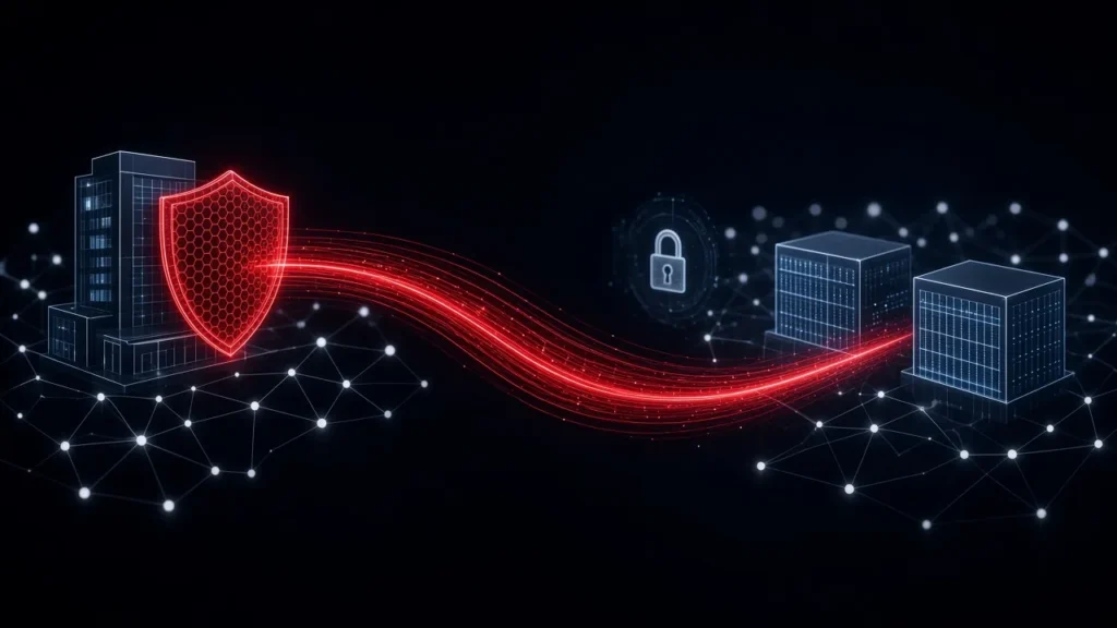 An office sending a shielded backup stream to two secure data centers
