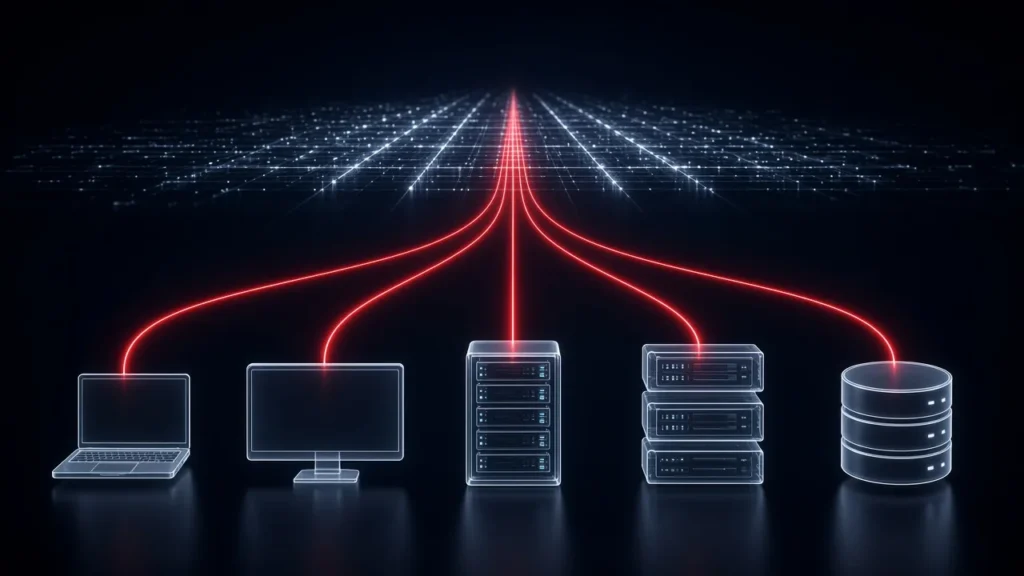 Laptops, workstations, servers, virtual machines and a database sending protected backups to a secure data center