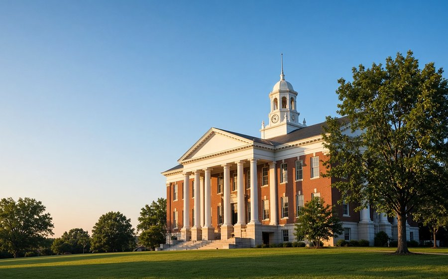 Brick county government building with a clock tower