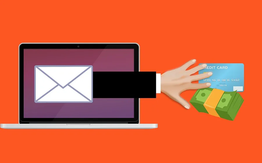 Illustration of a hand reaching out of an email on a laptop screen to grab a credit card and cash