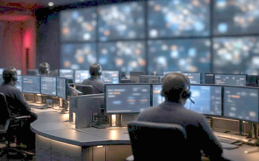 Emergency dispatchers wearing headsets at multi-monitor consoles in a 911 communications center