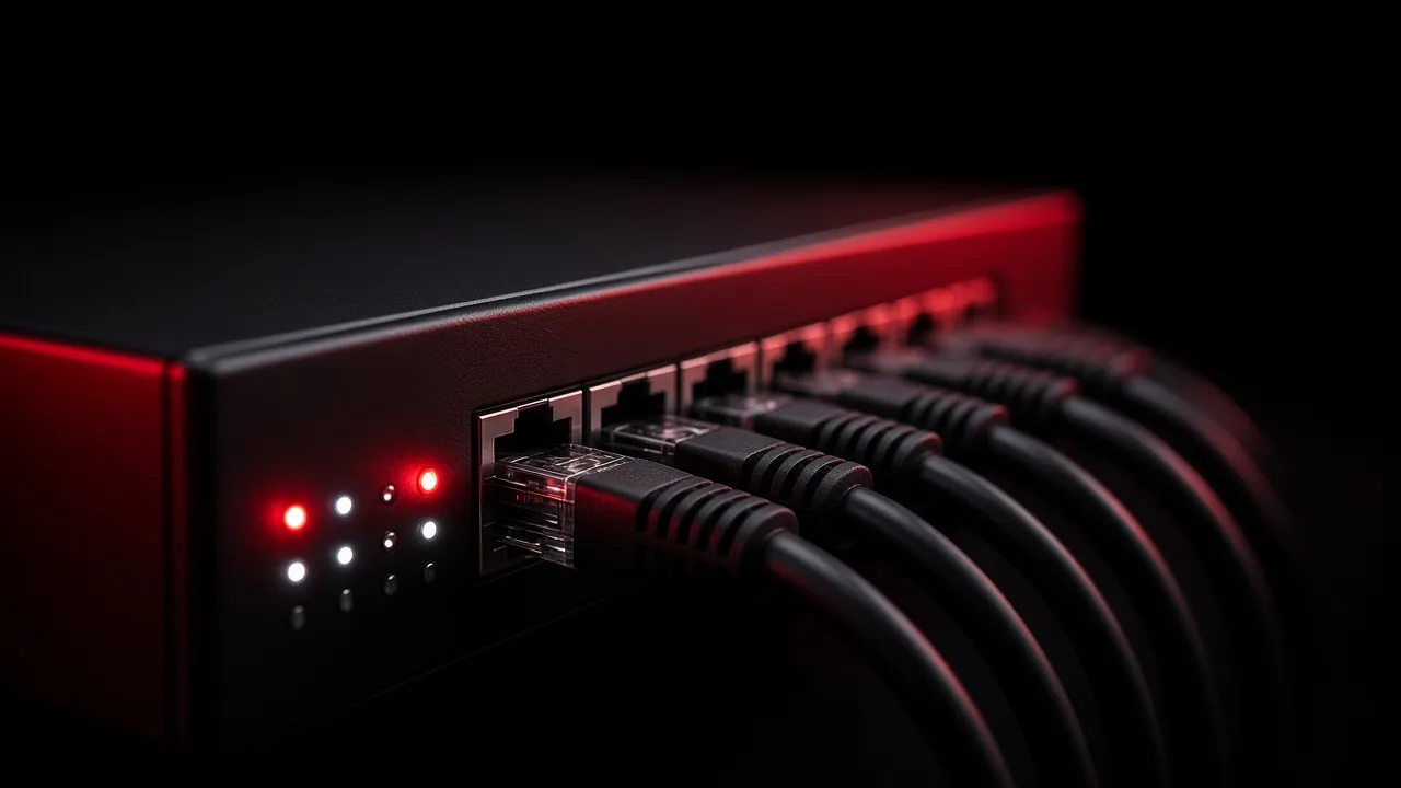 Close-up of a managed firewall's network ports and status lights