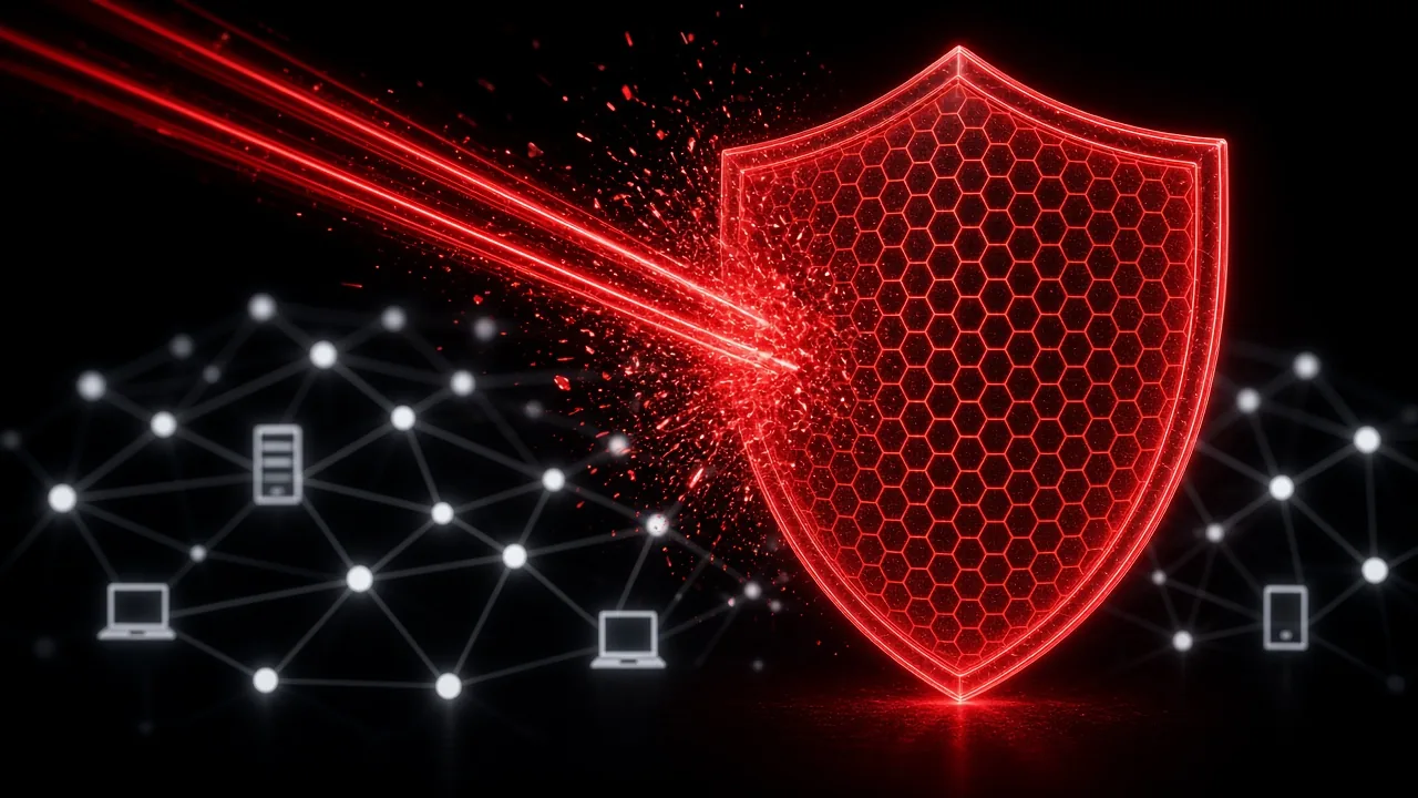 Glowing red shield blocking incoming threats in front of an office network