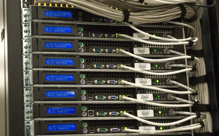 Close-up of neatly bundled network cables at the back of a server rack